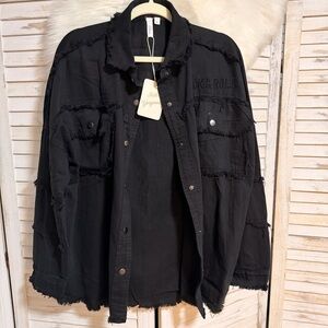 Elan Black Rhinestone Frayed Button-Up Jacket